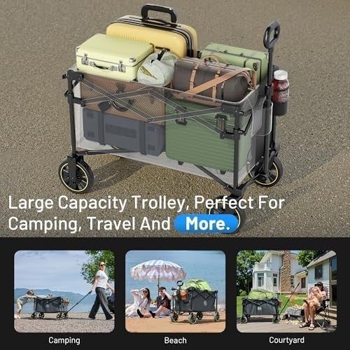 200L Folding Camping Trolley Wagon Heavy Duty Wheels Adjustable Handle