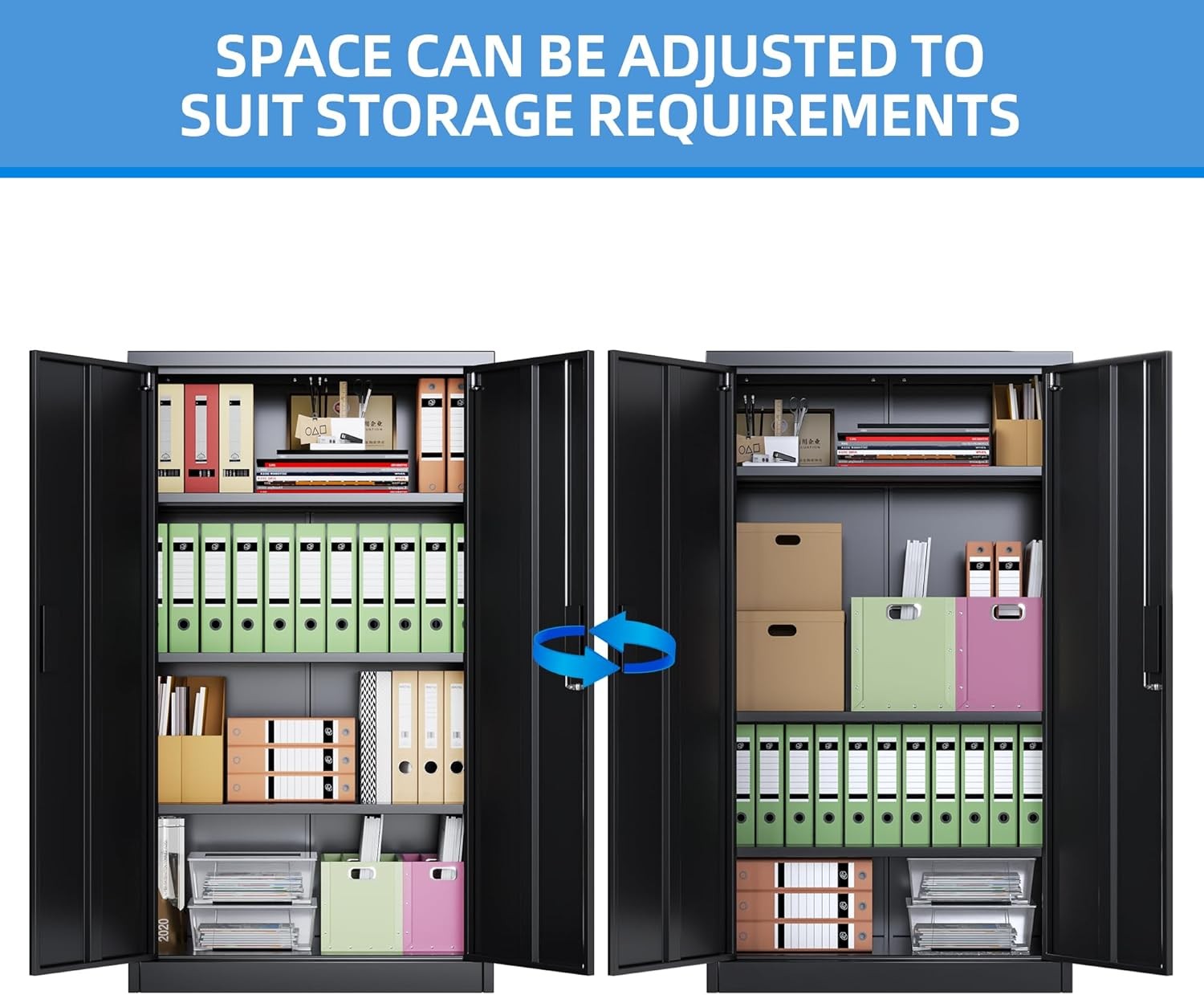Metal Storage Cabinet 2 Doors 3 Adjustable Shelves Lockable Steel Cupboard Black