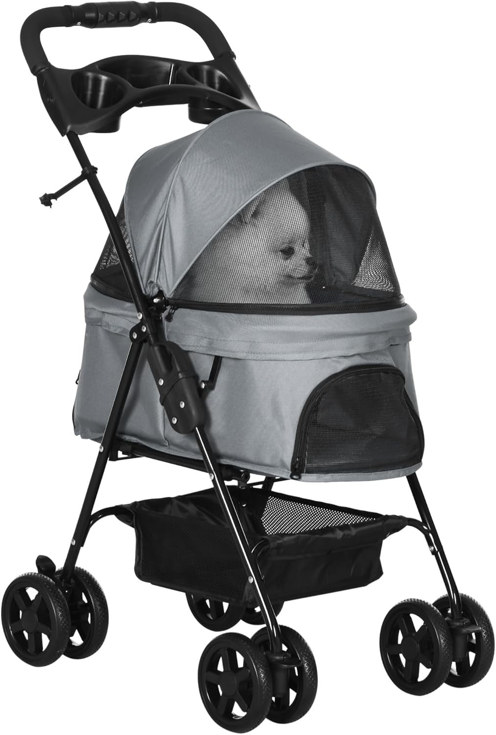 Pet Travel Stroller Dog Pushchair 4 Wheel Foldable Safety Leash Cup