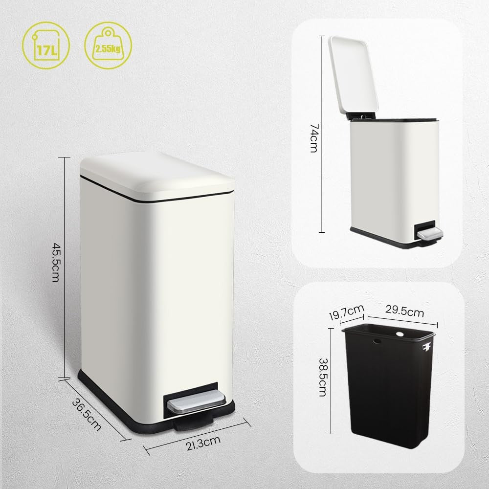 17L Kitchen Pedal Bin Soft Close Stainless Steel White