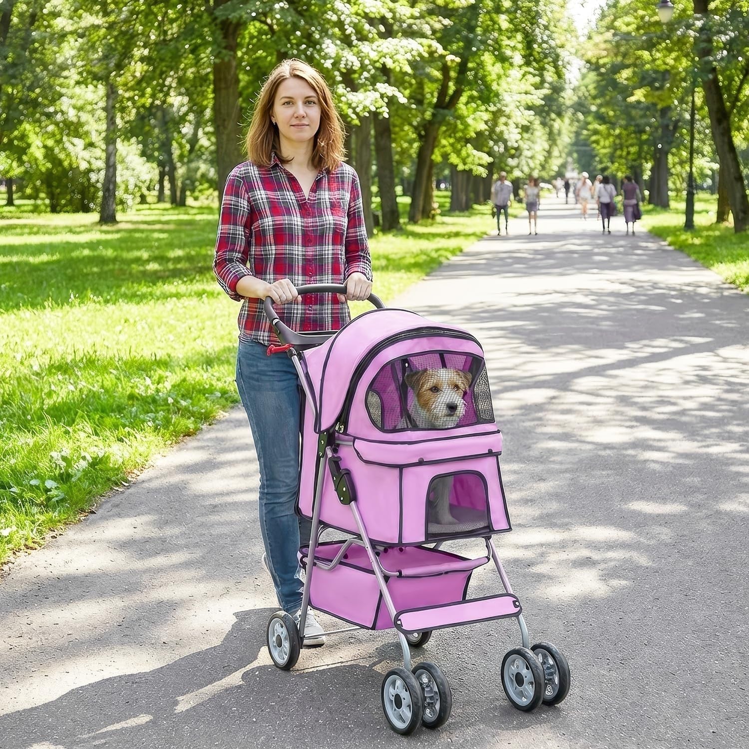 Pet Stroller Dog Cat Pushchair 4 Wheel Foldable Travel Carrier Mesh Pink