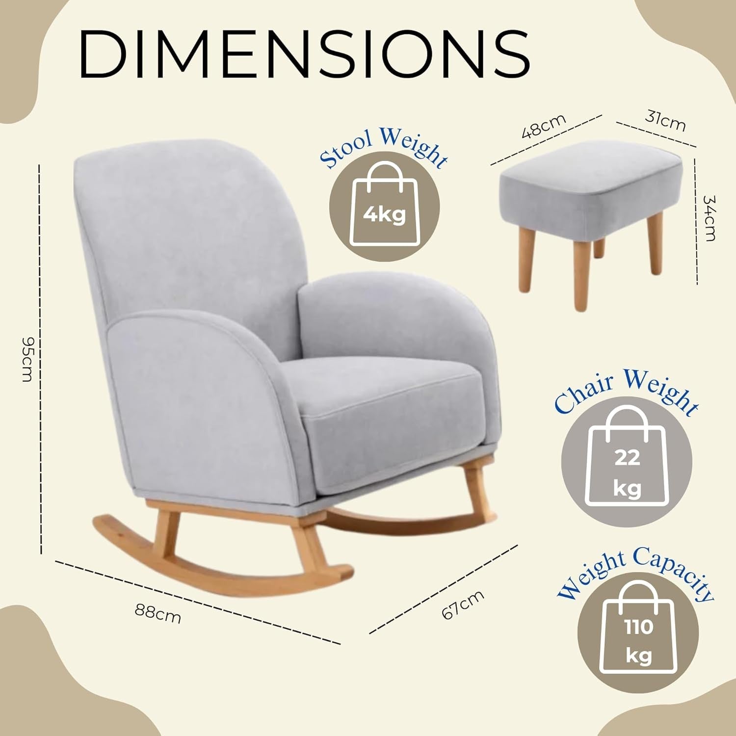Nursing Rocking Chair & Footstool Grey | Soft Fabric, Wood Base, Comfy