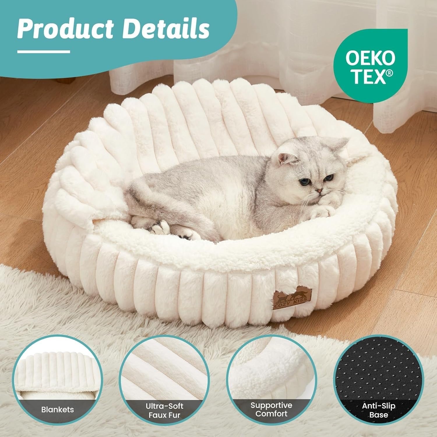 Cat Bed with Blanket 58cm Washable Faux Fur Pet Sofa Anti Slip Base
