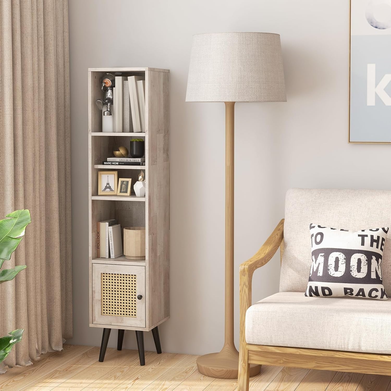 Slim Tall Grey Bookcase with Cabinet 6-Tier Adjustable Shelves for Home Office