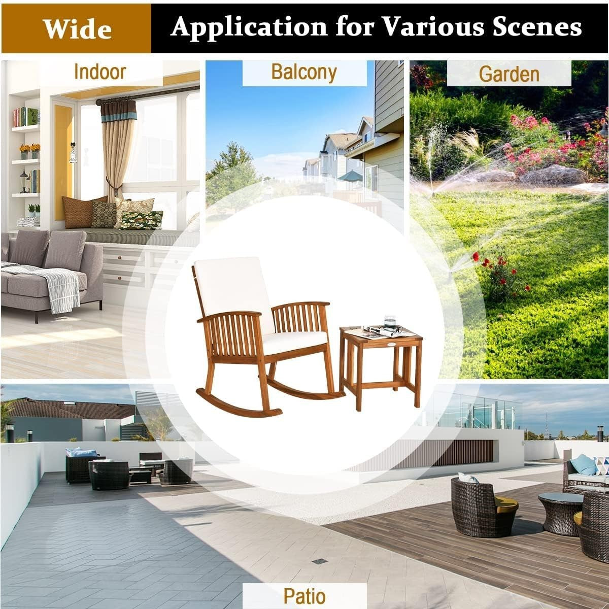 Garden Rocking Chair with Side Table, Acacia Wood, Padded Seat Outdoor Set