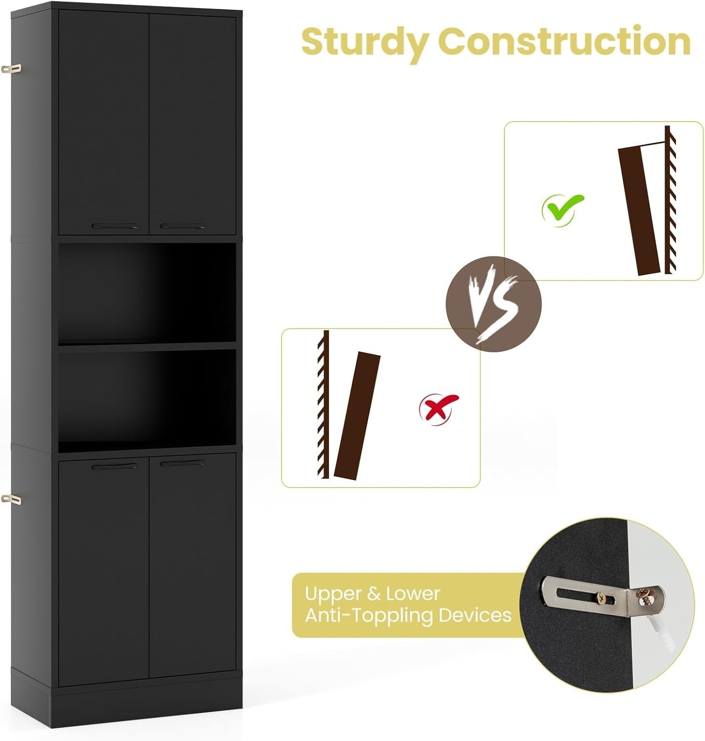 190cm Tall Kitchen Cupboard Black 4 Doors Open & Closed Storage Cabinet