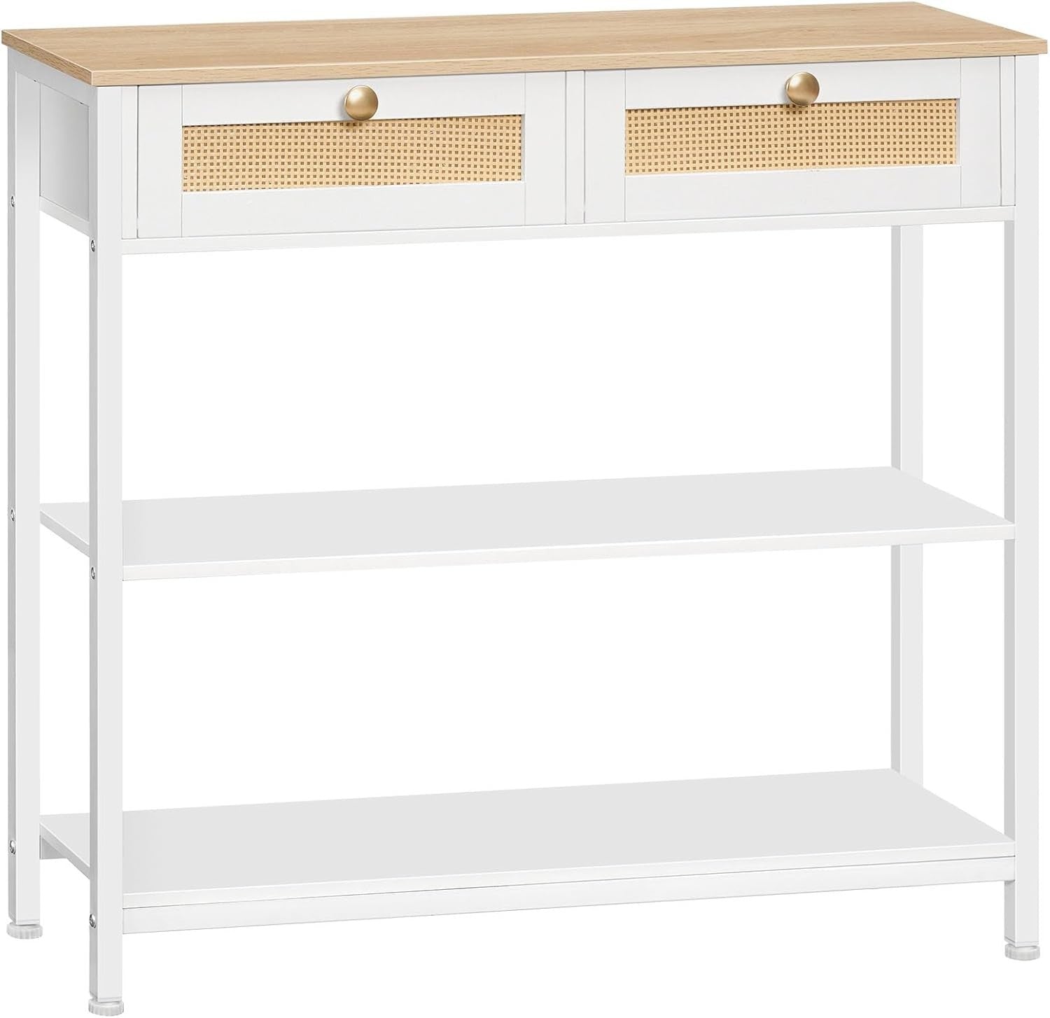 White Rattan Console Table with Drawers & Shelves, Slim 80cm Hallway Unit