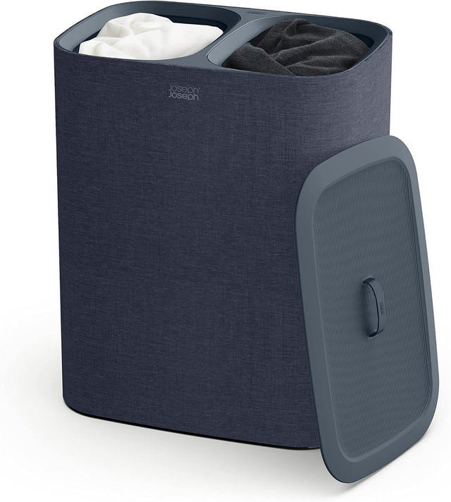 90L Dual Compartment Laundry Basket with Lid Removable Bags Carbon Black