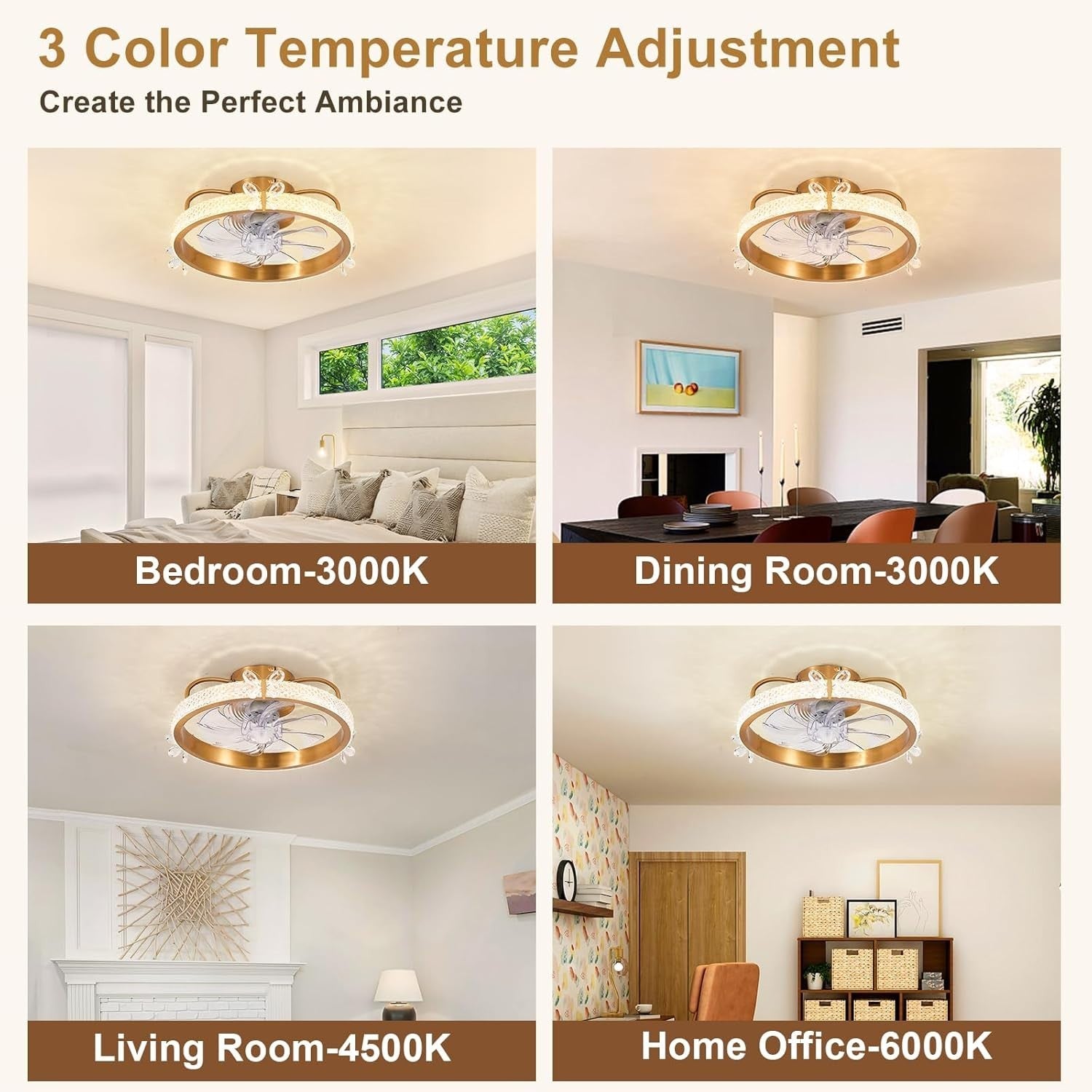 19" Gold Caged Ceiling Fan with Light, Crystal, Remote, 6-Speed