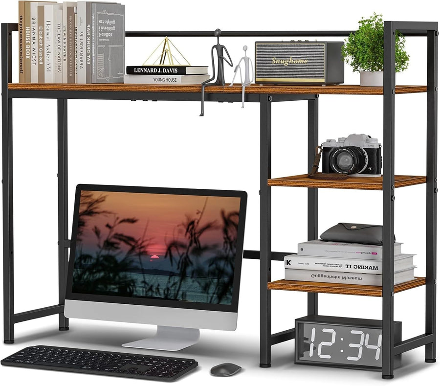 Rustic Brown Desk Hutch Shelf 4-Tier 38.6" Desktop Organizer Storage Rack