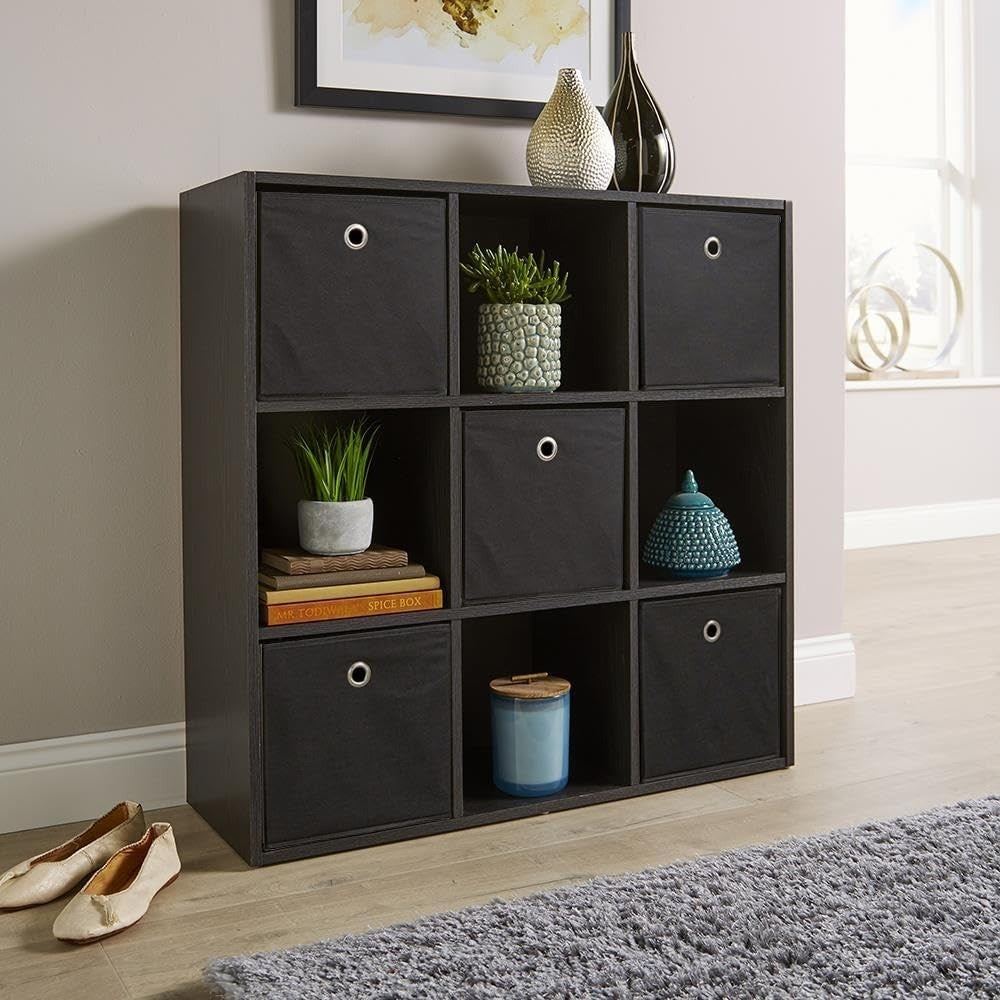 9 Cube Storage Shelf Black Wooden Bookcase Display Unit 90cm