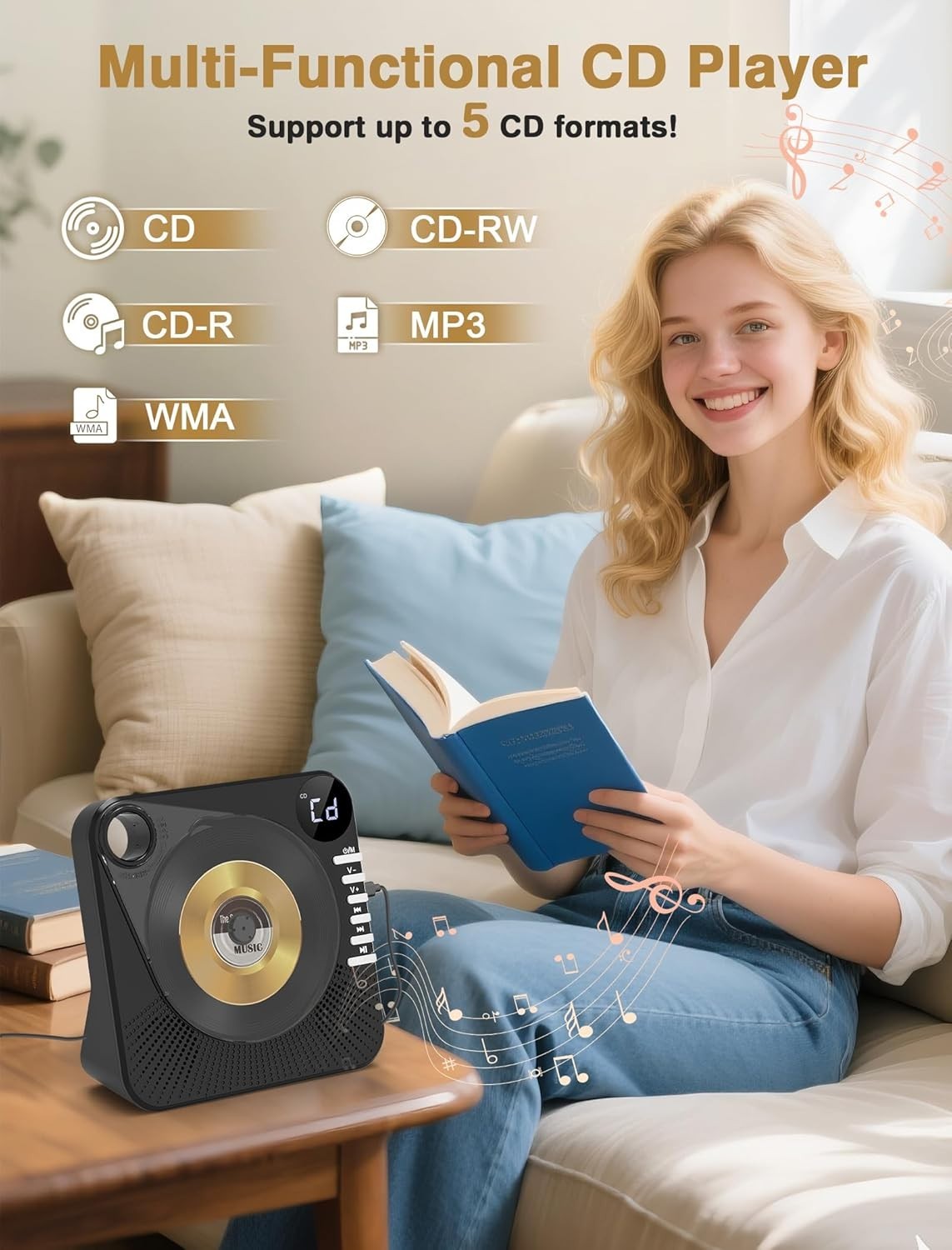 Bluetooth 5.1 CD Player w Speakers LED Display Remote USB AUX Black