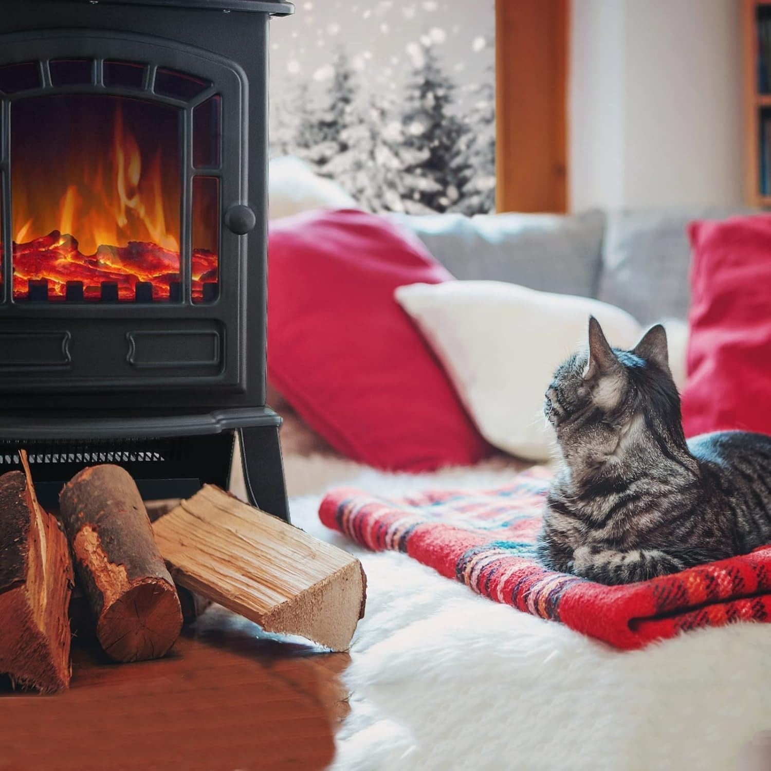 2000W Electric Stove Heater LED Flame Log Effect Compact Freestanding Fire