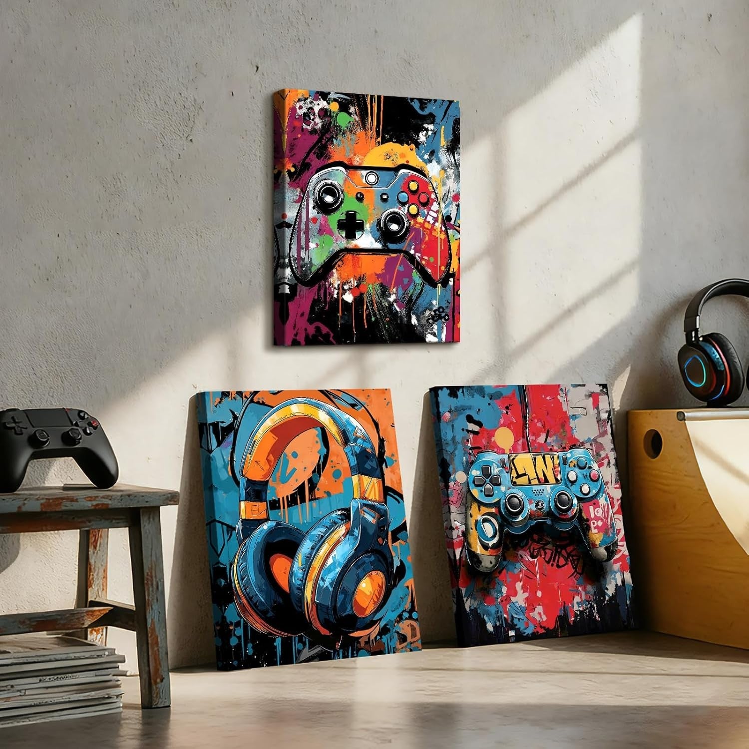 Set of 3 Gaming Graffiti Canvas Wall Art 40x60cm