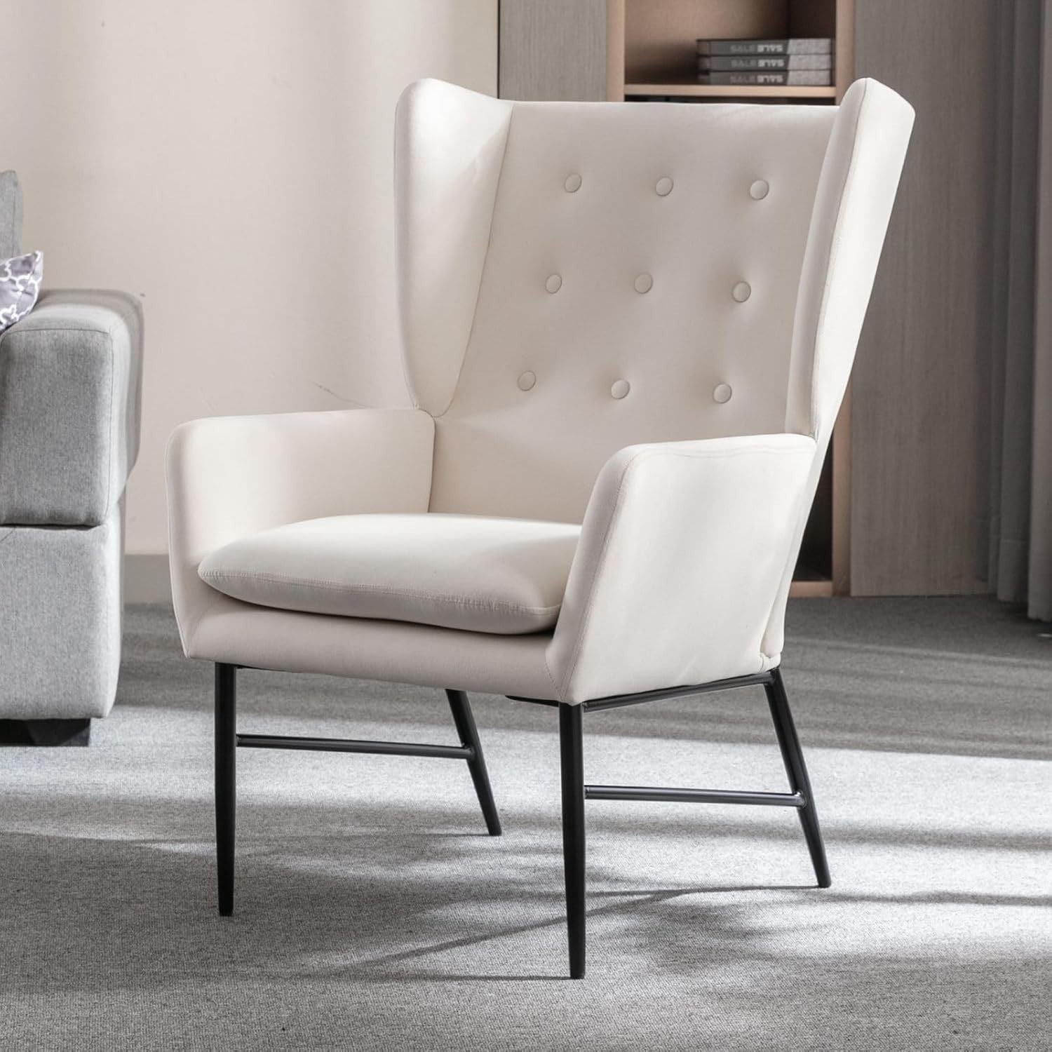 Beige Velvet Accent Armchair Tufted Back Lounge Chair Metal Legs Modern Seat