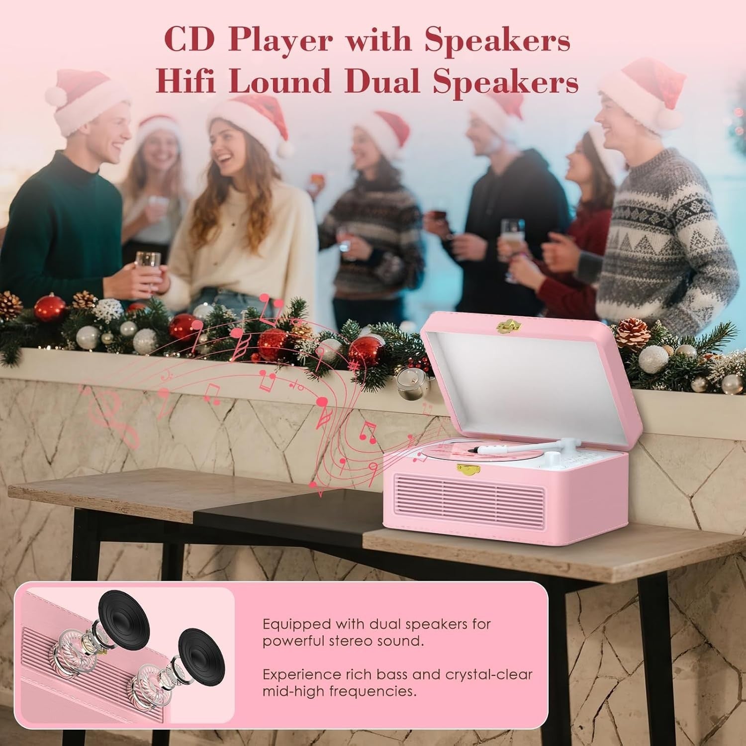 Retro Bluetooth CD Player FM Radio USB AUX HiFi Speakers Pink PU