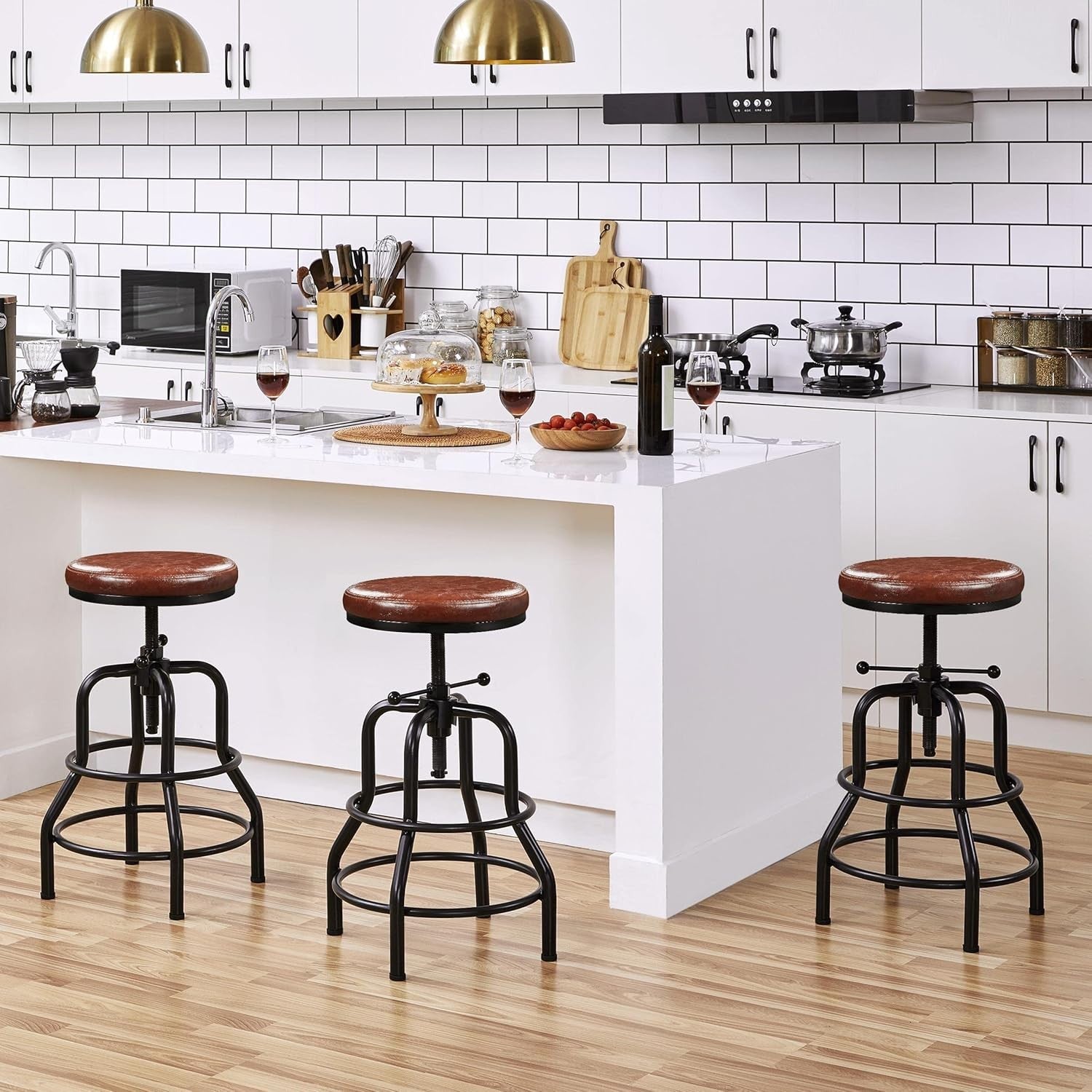 Adjustable Rustic Industrial Bar Stool Faux Leather Kitchen Counter Chair