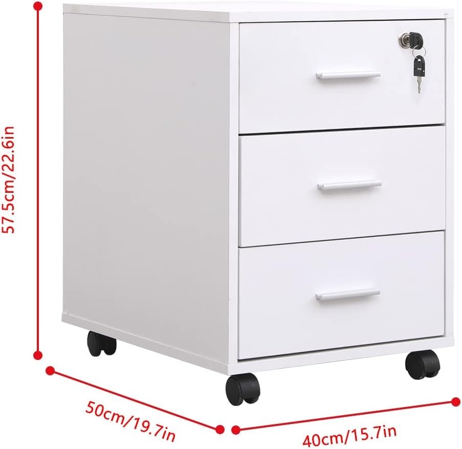White Lockable Mobile Filing Cabinet 3 Drawer Under Desk Printer Stand