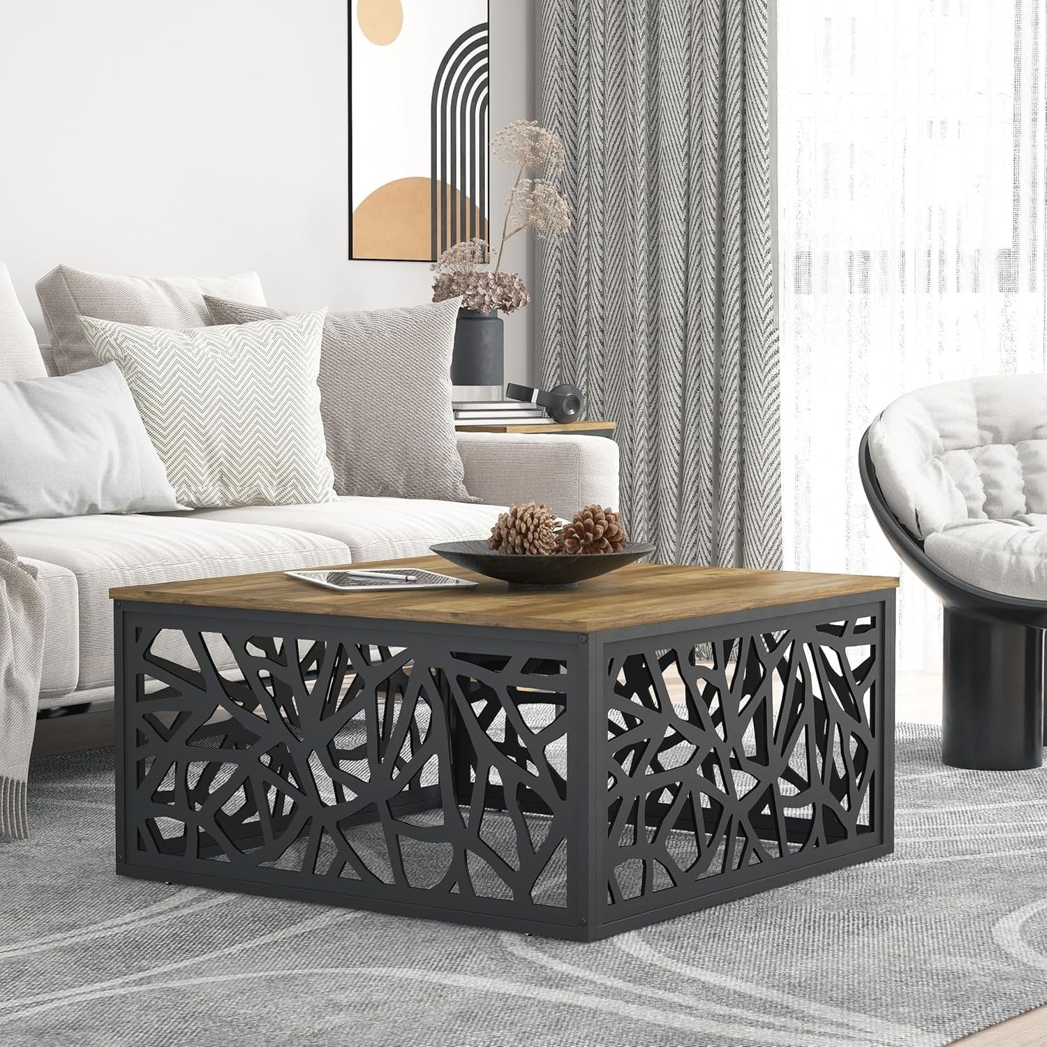 Modern Square Coffee Table with Metal Frame & Storage Shelf 80x80x40cm