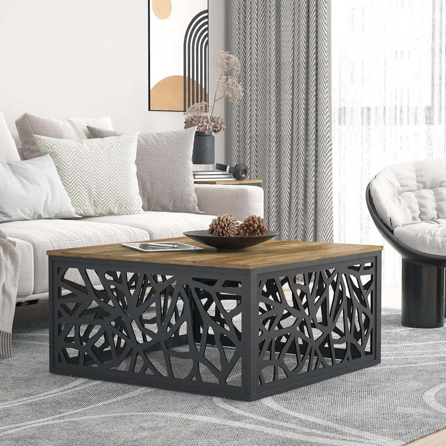 Modern Square Coffee Table with Metal Frame & Storage Shelf 80x80x40cm