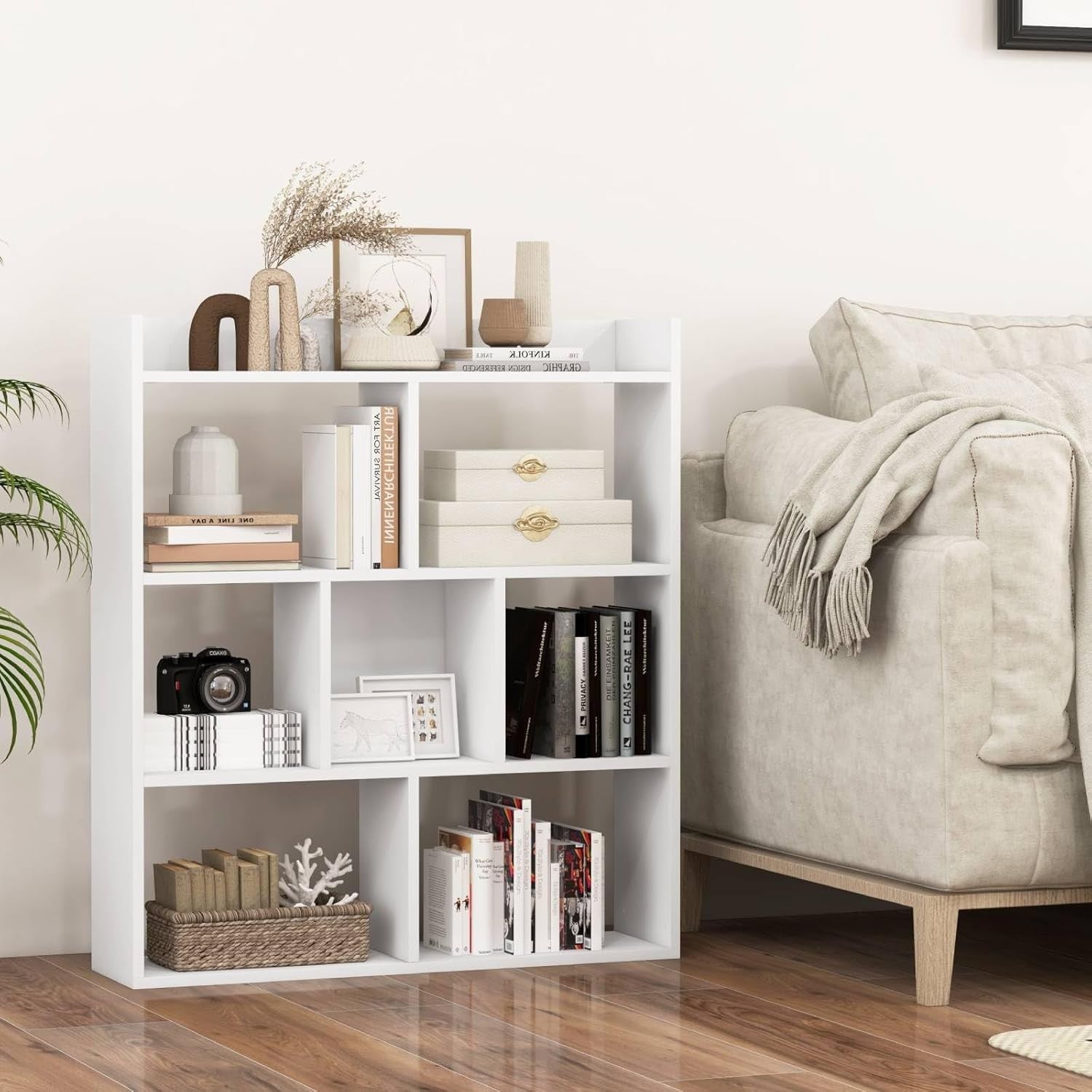 White 7-Cube Bookcase Freestanding Storage Display Shelf with Anti-Topple Kit