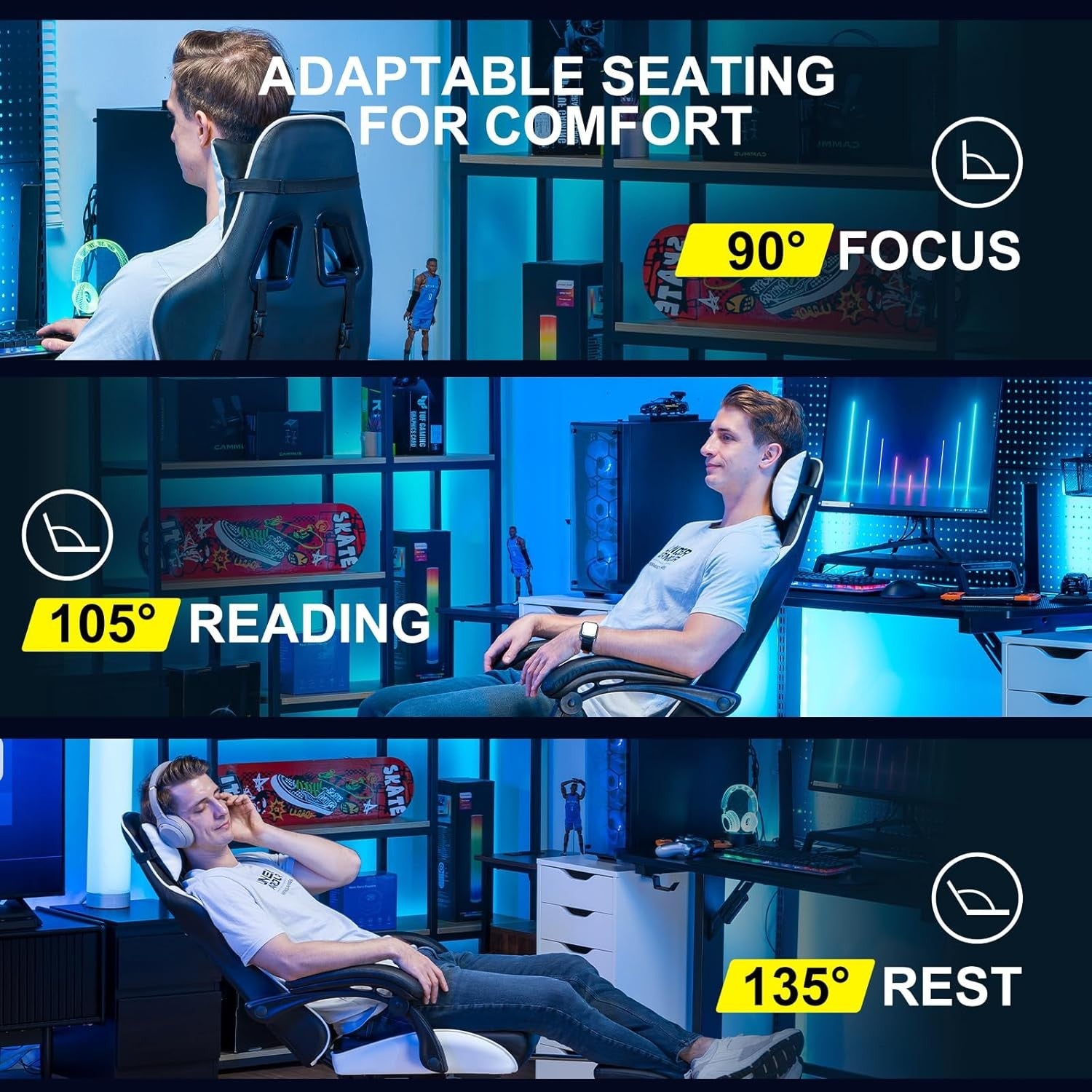 Ergonomic Gaming Chair with Footrest Lumbar Support White