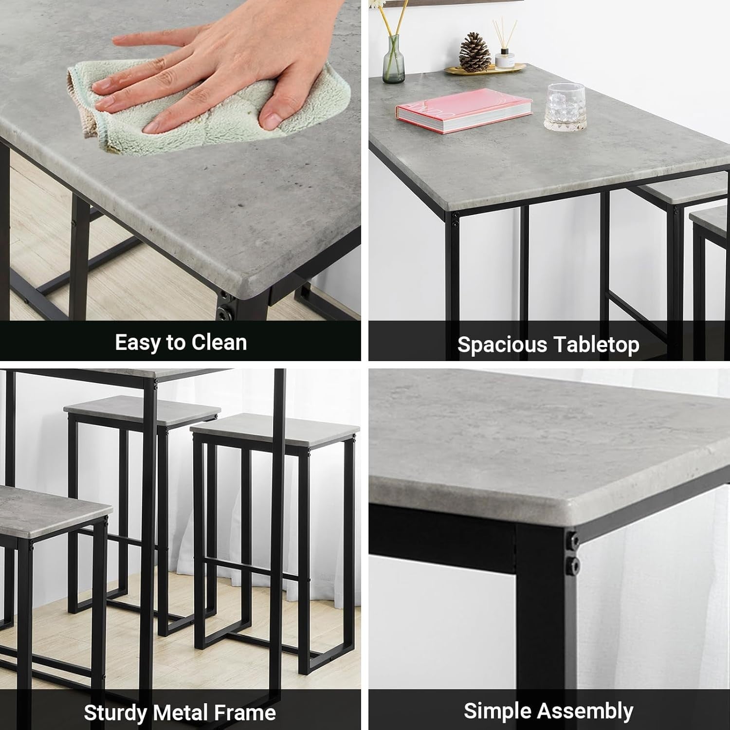 5-Piece Bar Table Set with 4 Stools, Black & Grey Space-Saving Dining Set