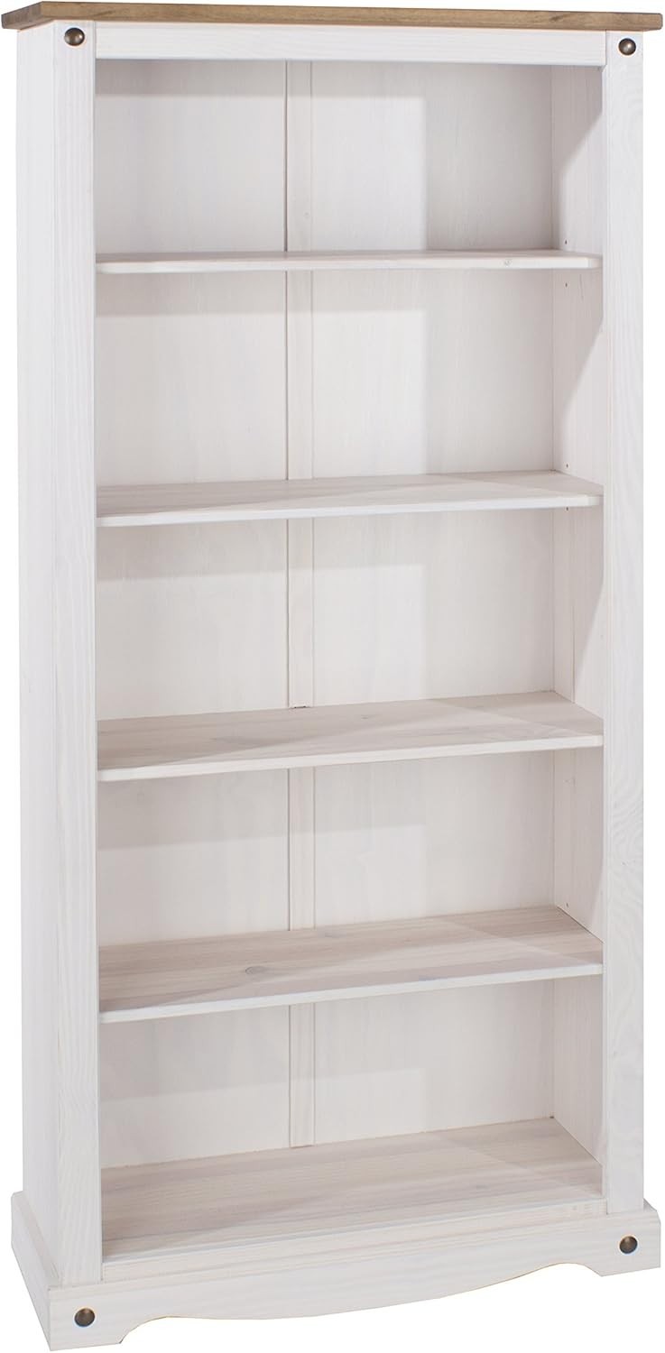 Solid Pine 5 Tier Tall Bookcase Wooden Storage Shelves White