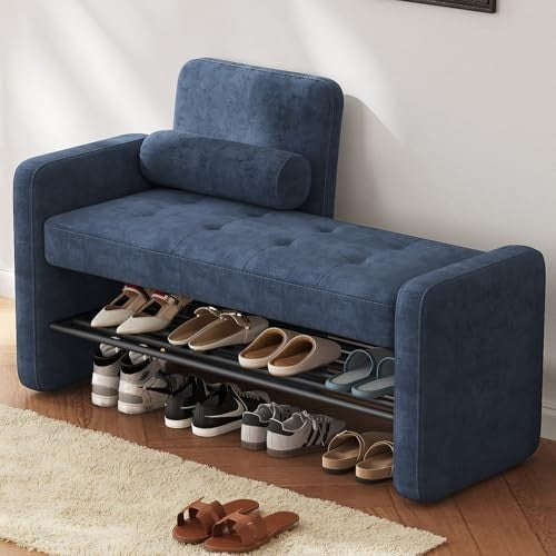 Blue Velvet Shoe Storage Bench with Backrest – Modern Hallway Seat & Rack