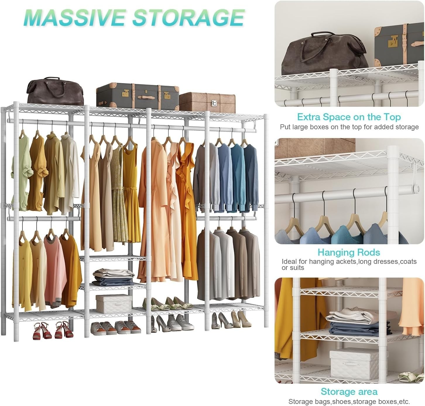 Heavy Duty Clothes Rail 4 Rod Adjustable Shelves Wardrobe White