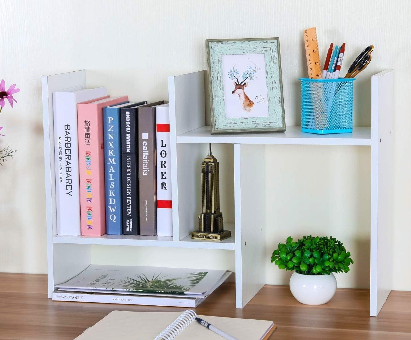 Adjustable White Wood Desktop Bookshelf 3-Tier Desk Organizer Storage