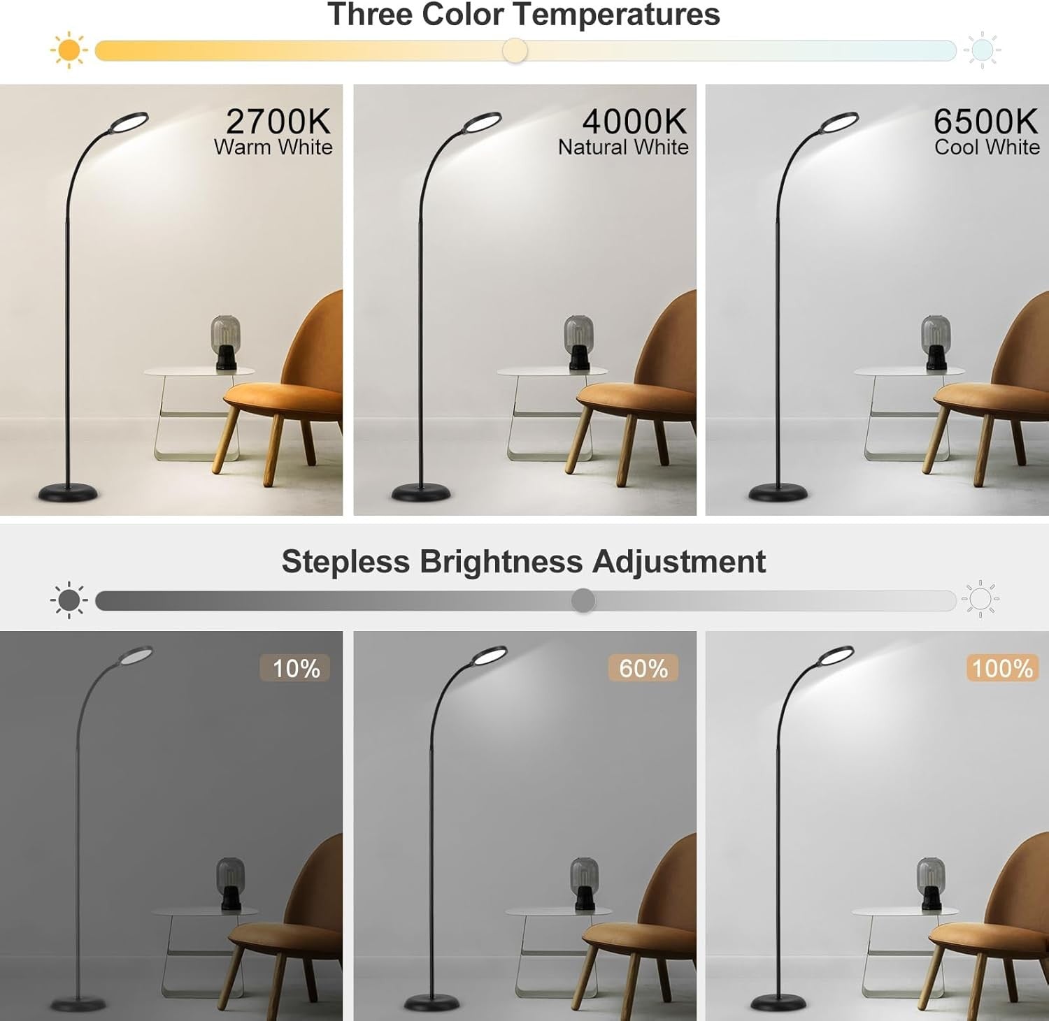 LED Floor Lamp Touch Dimmable Gooseneck Reading Light 3 Colour Modern Stand