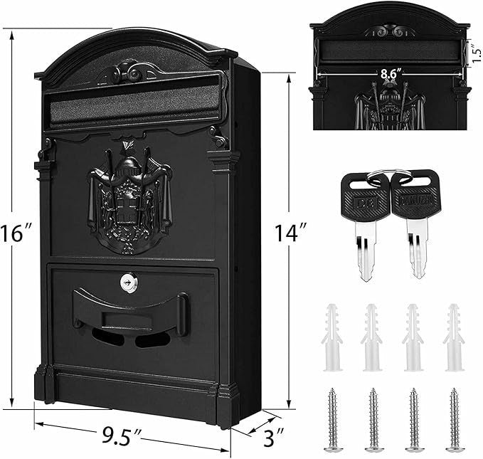 Lockable Wall Mounted Post Box Black – Waterproof Retro Mailbox for Gates