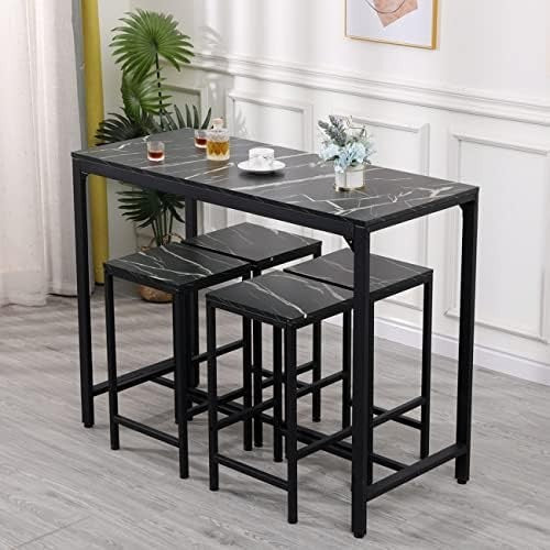 5 Piece Bar Table Set with 4 Stools Marble Effect Kitchen Dining Set