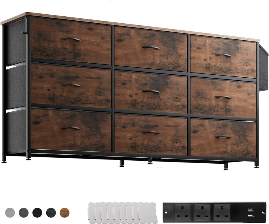 Large 9 Drawer Fabric Dresser TV Stand with Power Sockets Rustic Brown