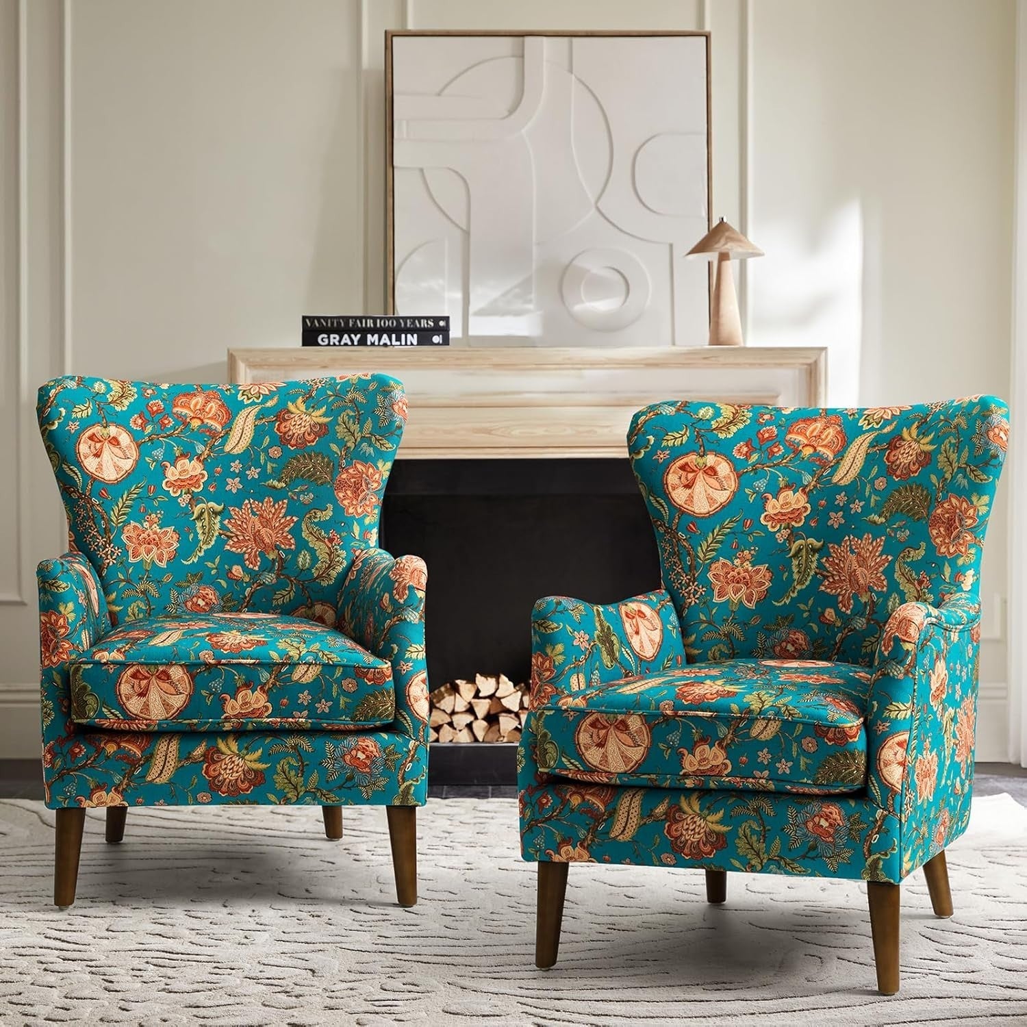 Teal Floral Wingback Armchairs Set of 2 – Classic Lounge Chairs