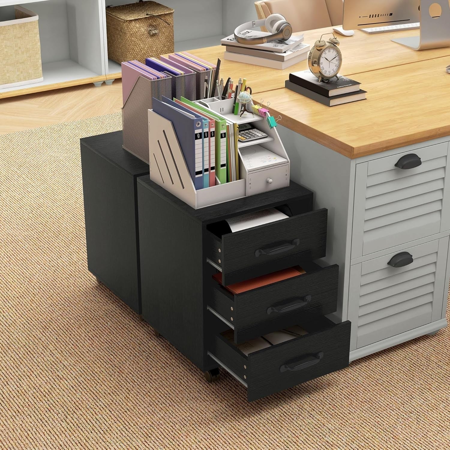 Black Wood Grain Rolling Drawer Cabinet 3 Tier Under Desk File Storage