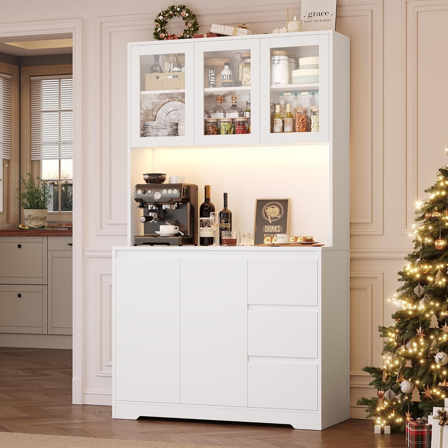 White Tall Kitchen Cabinet with LED Lights, Power Sockets & Drawers