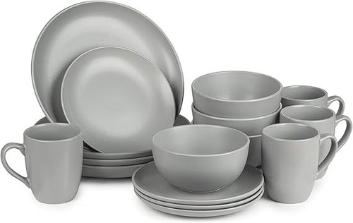 16 Piece Grey Dinnerware Set for 4 Ceramic Plates Bowls Mugs Modern