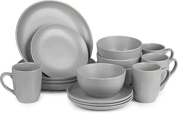 16 Piece Grey Dinnerware Set for 4 Ceramic Plates Bowls Mugs Modern