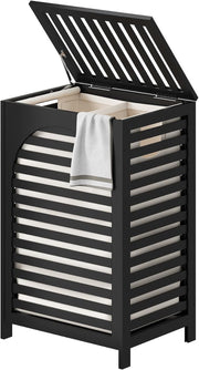 85L Black Bamboo Laundry Hamper with Lid Large Laundry Basket Removable Liner