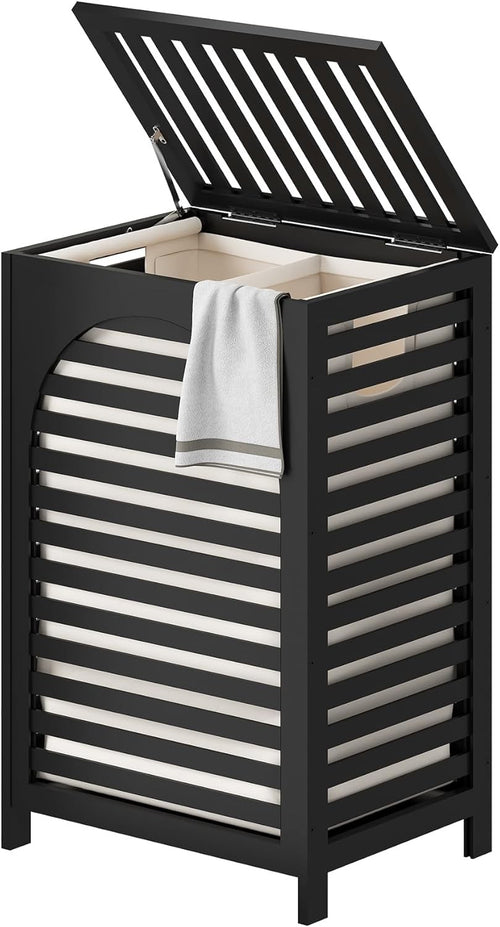 85L Black Bamboo Laundry Hamper with Lid Large Laundry Basket Removable Liner