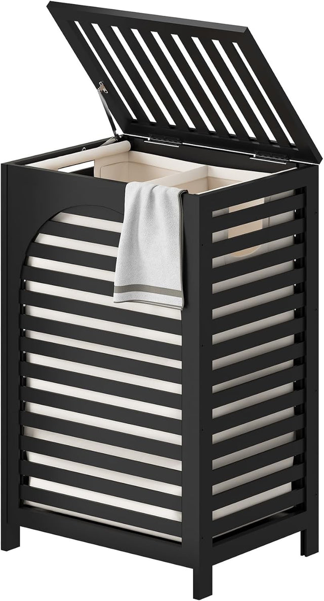 85L Black Bamboo Laundry Hamper with Lid Large Laundry Basket Removable Liner