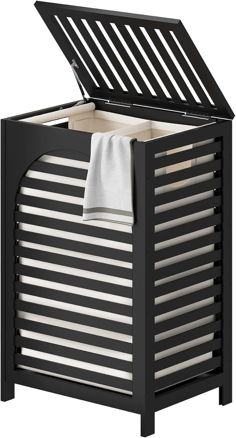 85L Black Bamboo Laundry Hamper with Lid Large Laundry Basket Removable Liner