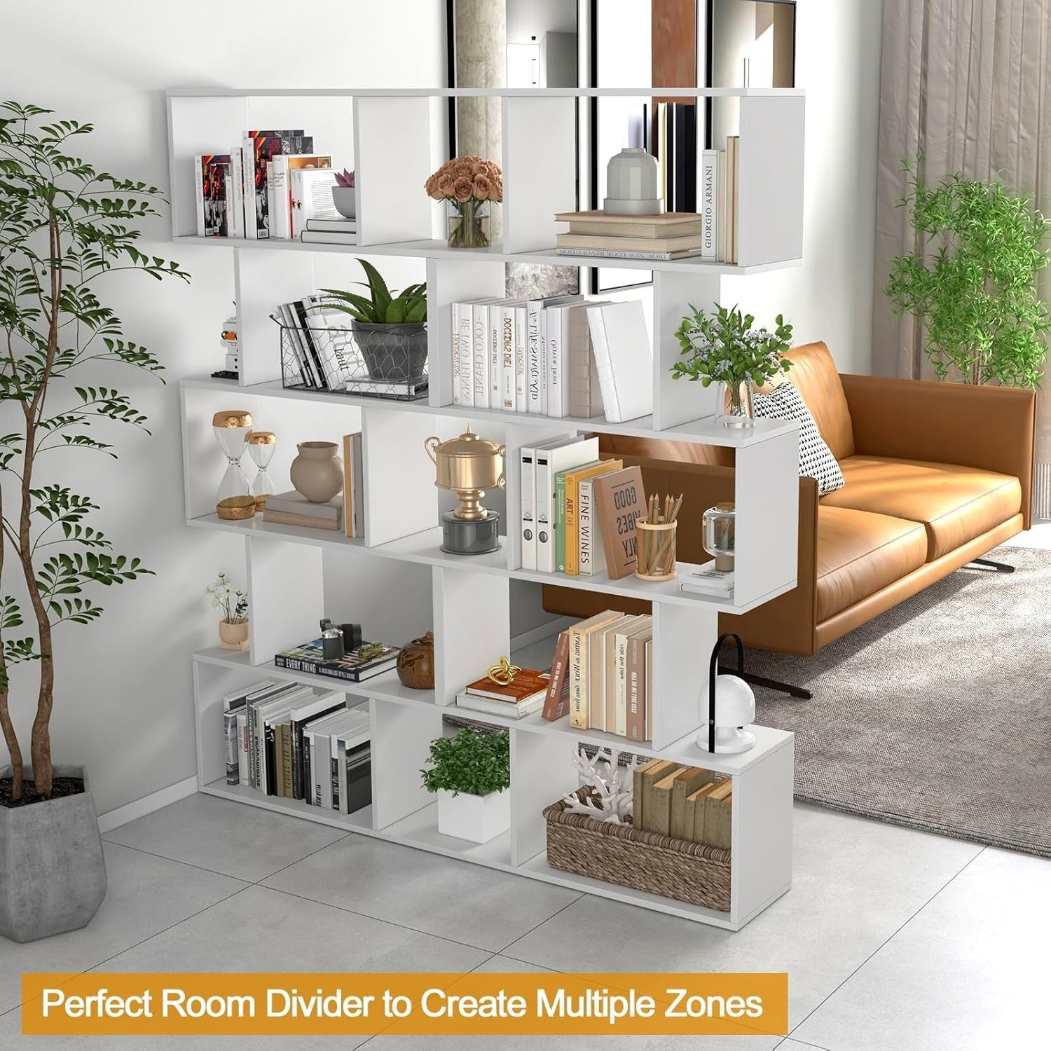 S Shaped 5 Tier Wooden Bookcase Freestanding Display Storage Shelf White