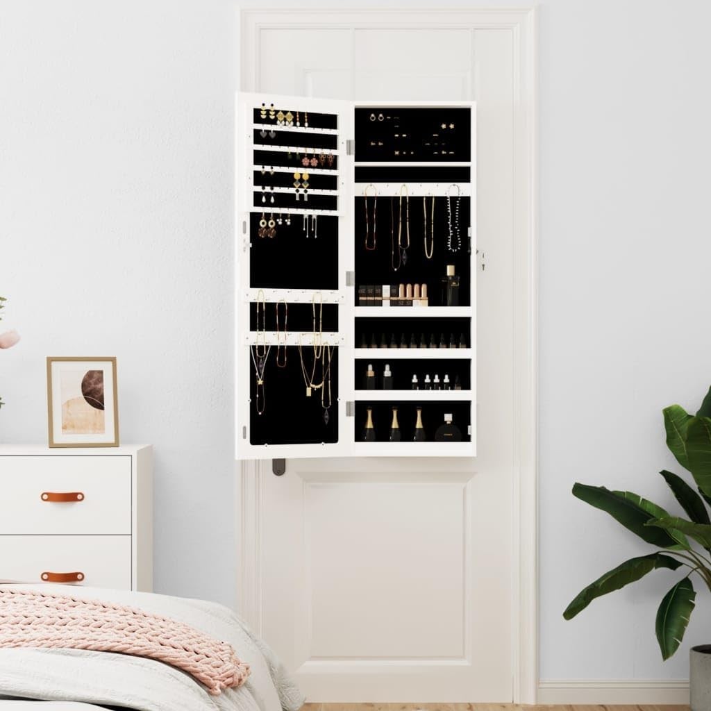 Slim Wall Mounted Jewelry Cabinet with Mirror Lockable Storage White
