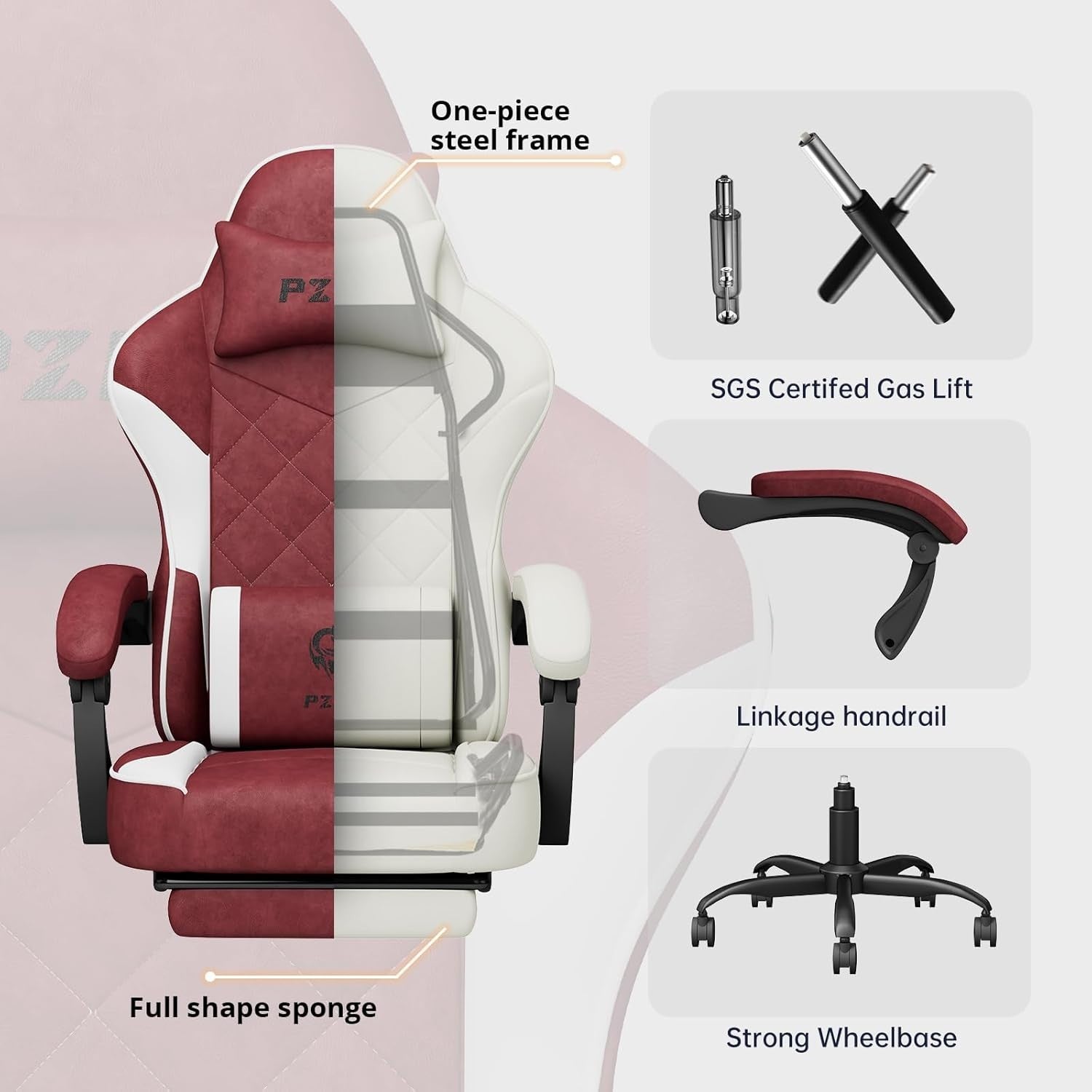 Ergonomic Red Gaming Chair Recliner w/Footrest, Memory Foam Seat, Adjustable Hei
