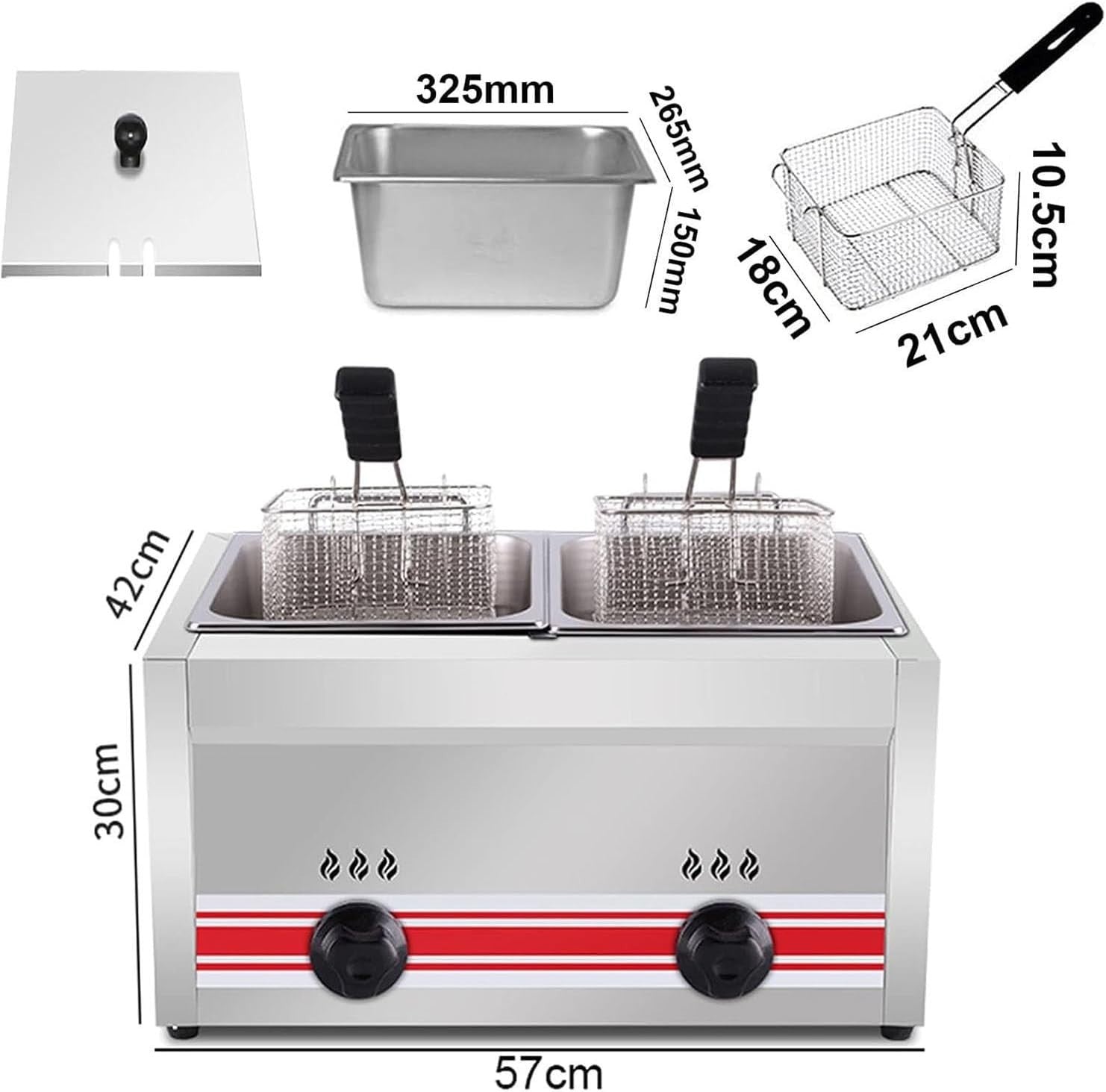 Double Tank LPG Gas Deep Fryer 20L Stainless Steel Countertop