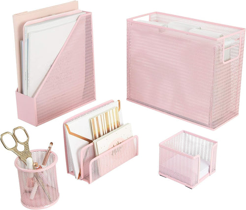 Pink Desk Organiser Set 5pc Metal Office Storage File Holder Women