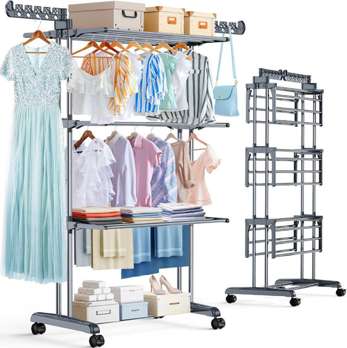 Large 4 Tier Clothes Airer with Wheels Foldable Stainless Steel Drying Rack